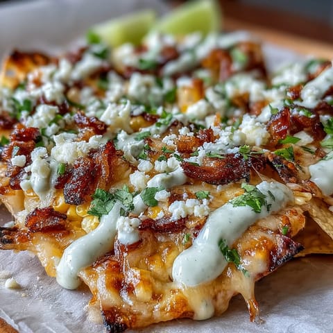 Vibrant Cinco de Mayo Elote Nachos piled high with cheesy corn and creamy chipotle.