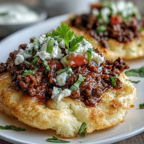Savory cloud bread tacos piled high with seasoned taco meat and vibrant pico de gallo.