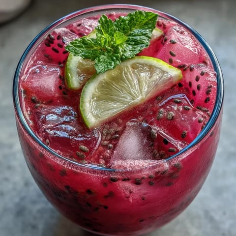 Vibrant dragon fruit lemonade with chia seeds, perfect for a cool, healthy sip.