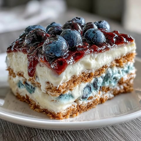 No-bake Lemon Blueberry Icebox Cake slice, perfectly chilled and bursting with berries.
