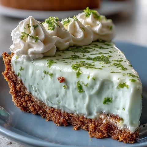 Creamy no-bake key lime pie on a crunchy graham cracker crust.
