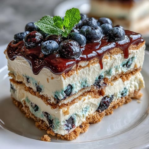 Fluffy Lemon Blueberry Icebox Cake layers with a bright blueberry topping.