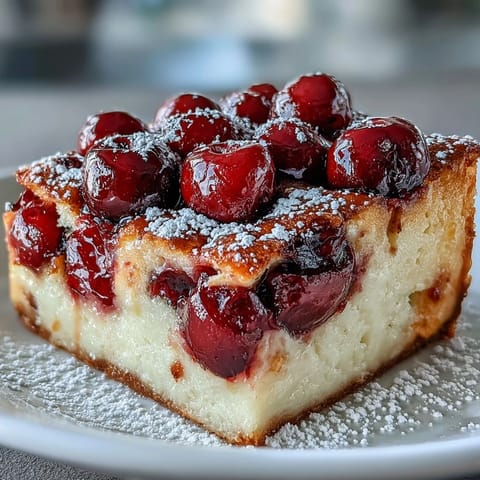 Golden baked French clafoutis bursting with sweet, fresh cherries and vanilla.