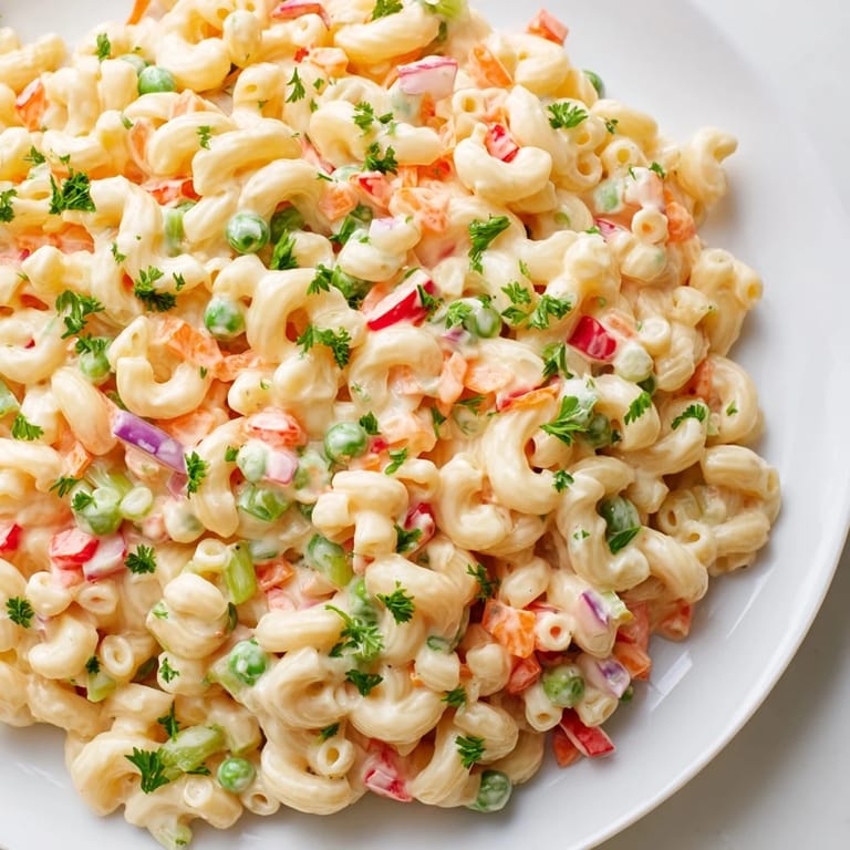 A close-up of a bowl of homemade macaroni salad, showing the fresh ingredients mixed.