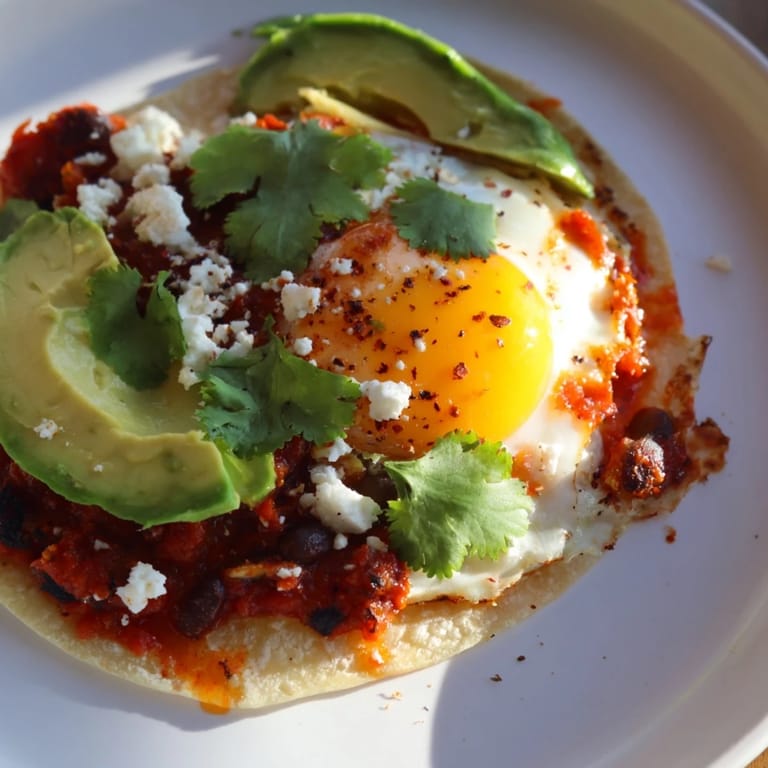 Vibrant Huevos Rancheros, a hearty Mexican breakfast, with fresh cilantro and creamy avocado slices.
