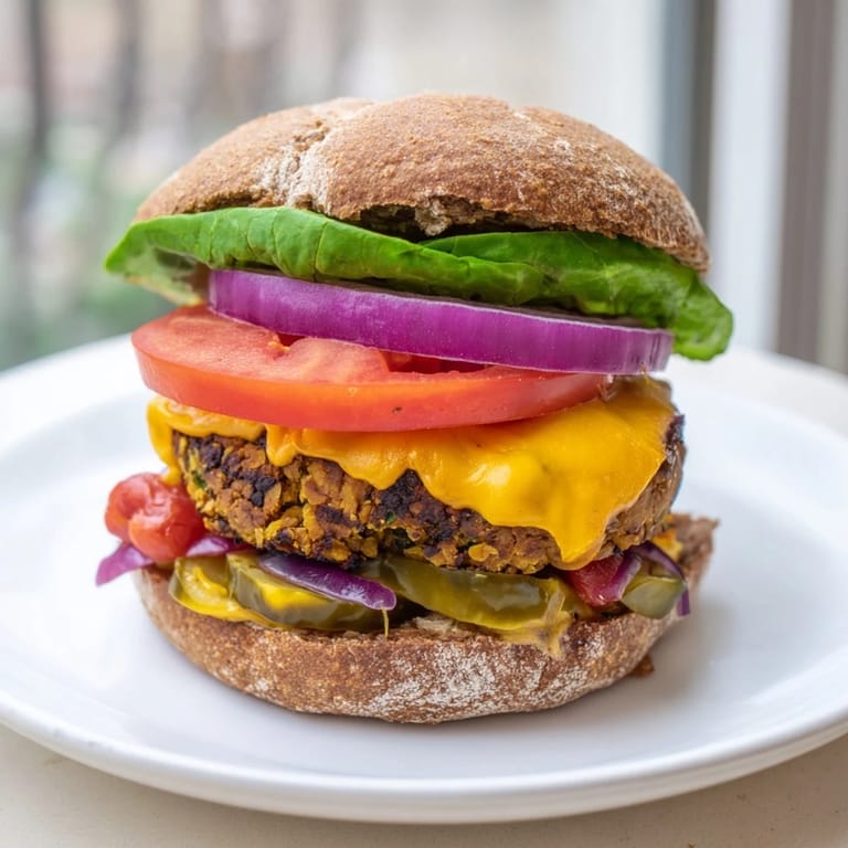 Deliciously stacked veggie burger, showcasing a hearty plant-based patty between toasted bun halves.