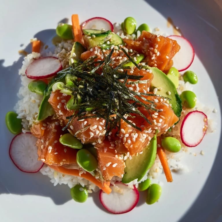 Close-up of a flavorful poke bowl, showing the rice, fish, and multiple colorful, healthy components.