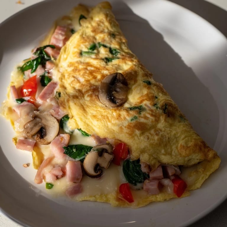 Delicious vegetarian omelet with cheese, garnished with fresh herbs and ready to serve.