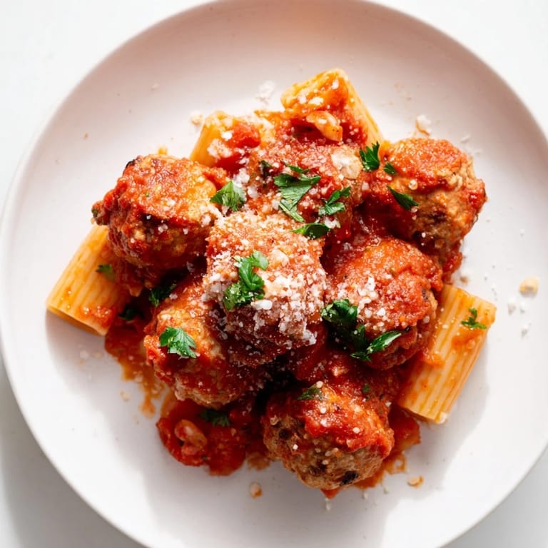 A plate of flavorful turkey meatballs, steaming, piled atop a bed of cooked pasta.