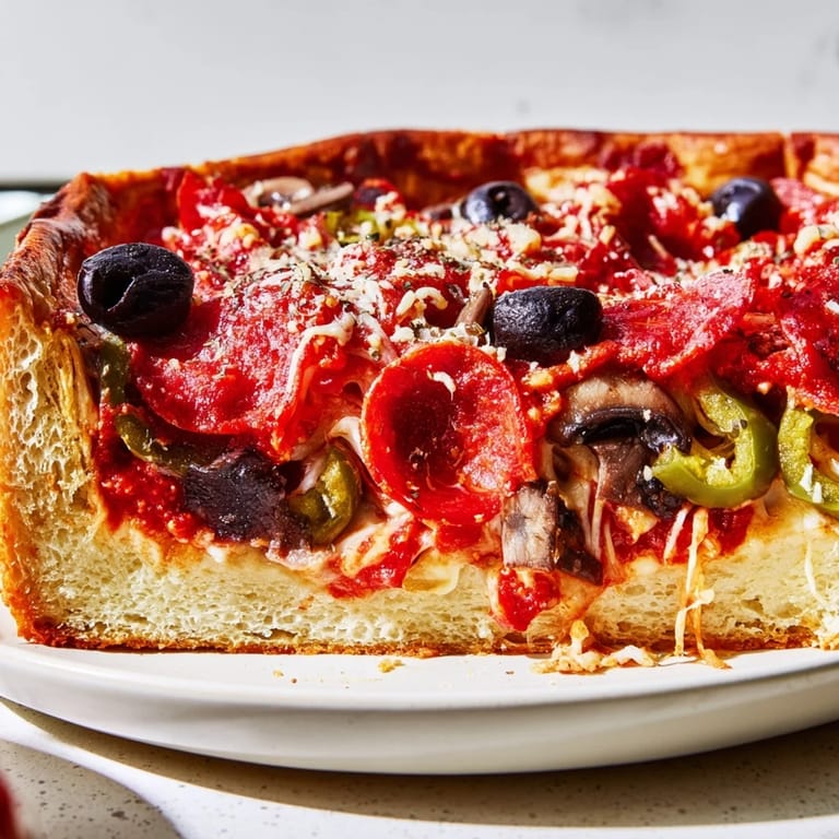 Homemade Deep Dish Pizza with a thick, buttery crust and bubbling cheese, a Chicago classic!