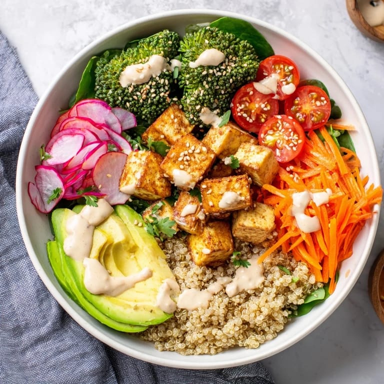 This beautiful Buddha Bowl is an inviting array, featuring creamy tahini dressing over grains and veggies.