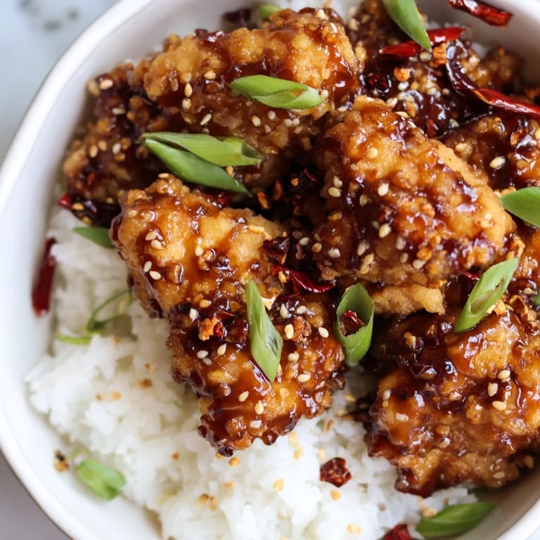 A close-up of crispy General Tso's Chicken in a sweet and spicy sauce, garnished with scallions.
