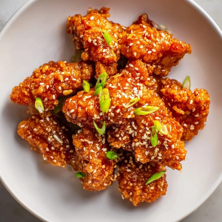 A close-up of delicious orange chicken: tender chicken chunks coated in a vibrant, sticky glaze.