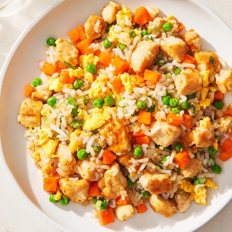 Steaming-hot bowl of chicken fried rice, a savory Asian dish with perfectly cooked rice.