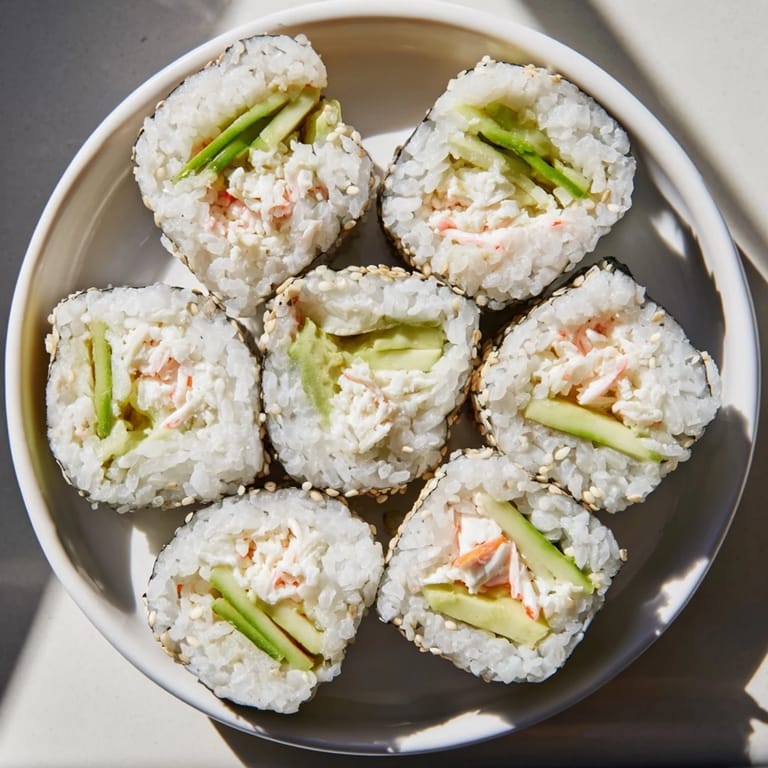 A delightful close-up of fresh California Roll, showing vibrant avocado and crab filling.