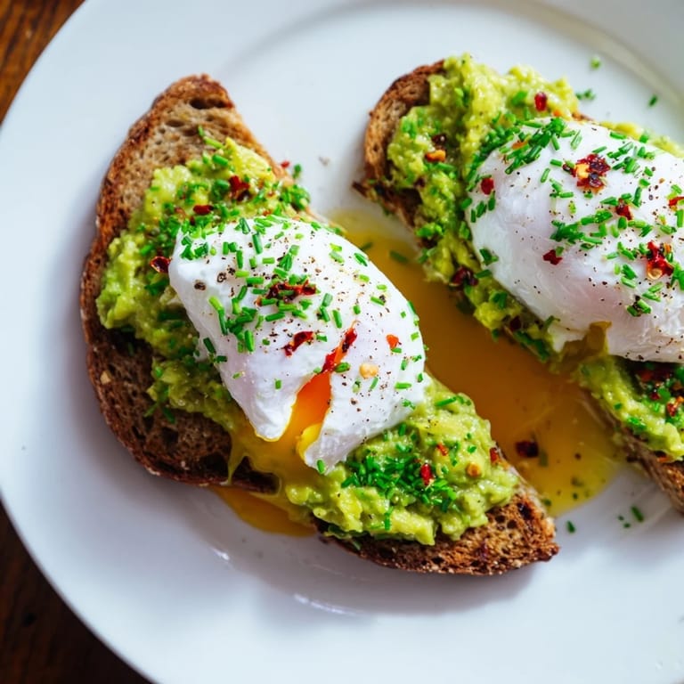 Freshly made Avocado Toast, featuring vibrant green avocado, a sprinkle of herbs and a perfectly cooked egg.