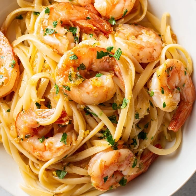 Garlic Butter Shrimp Linguine served in a shallow bowl, garnished with fresh parsley and a wedge of lemon for bright flavor.