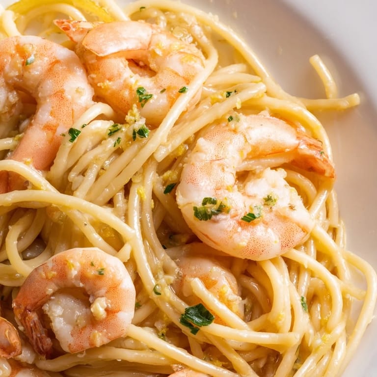 Twirling strands of Garlic Butter Shrimp Linguine with sautéed garlic, rich butter, and succulent shrimp, ready for a delicious dinner.
