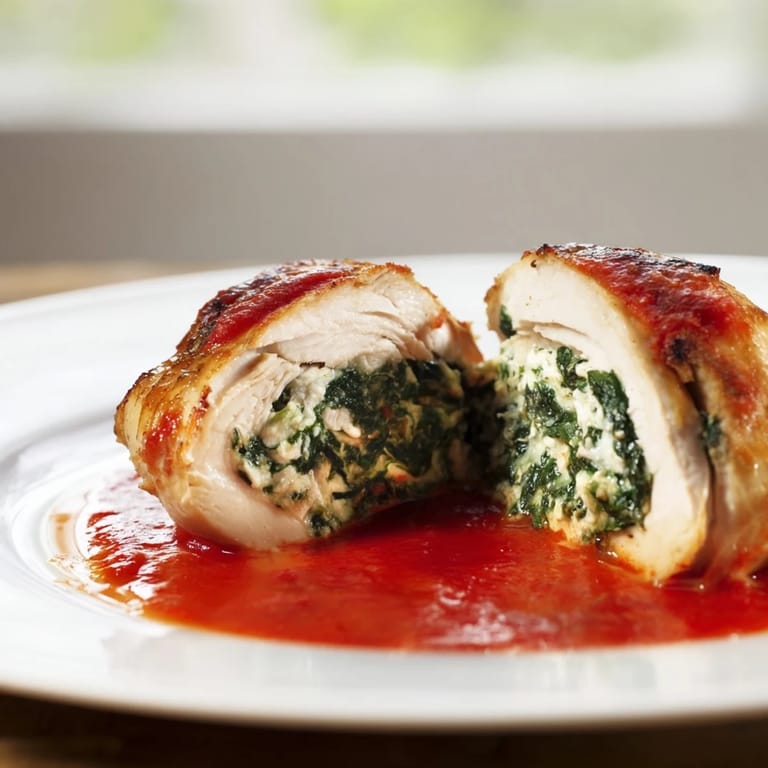 Sliced Spinach Ricotta Stuffed Chicken revealing a creamy, vibrant green spinach and ricotta filling on a rustic wooden serving platter.