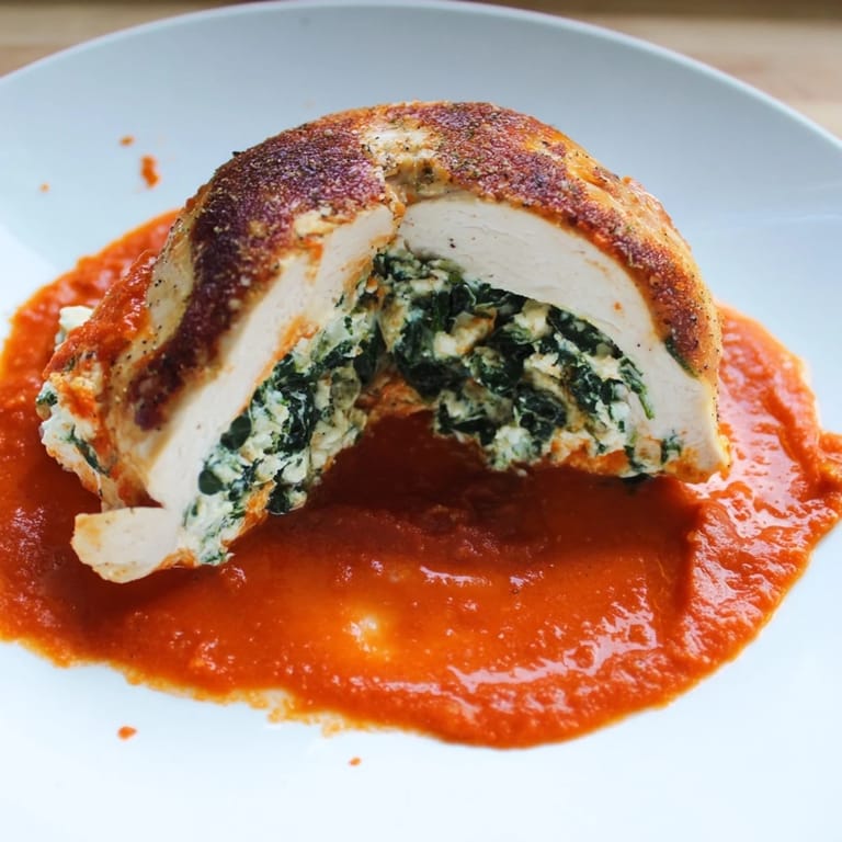 Homemade Spinach Ricotta Stuffed Chicken served over spaghetti with fresh basil garnish, ready for a delicious Italian family dinner.