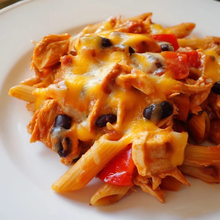 Tex-Mex Chicken Enchilada Pasta topped with creamy sour cream and diced avocado, perfect for weeknight dinners.