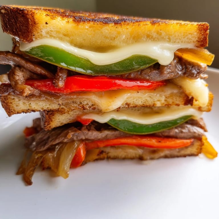 A close-up view of a toasted Philly cheesesteak grilled cheese sandwich, oozing melted provolone and packed with tender steak and colorful peppers.