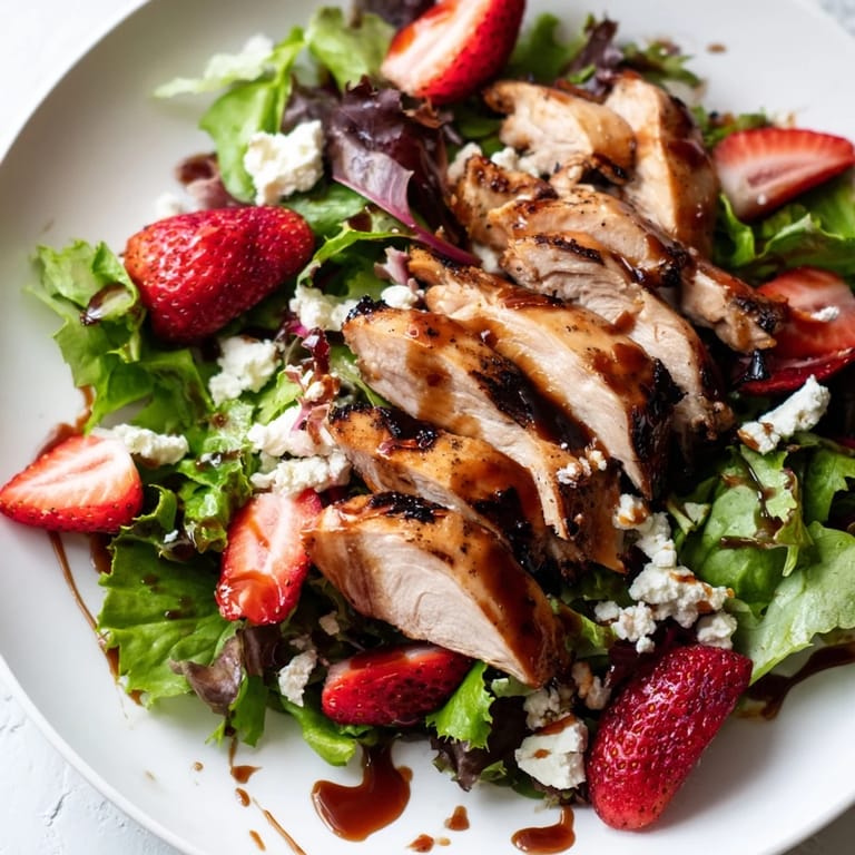 A vibrant platter of Honey Balsamic Chicken Salad, featuring tender grilled chicken, sliced strawberries, and crumbled goat cheese.  