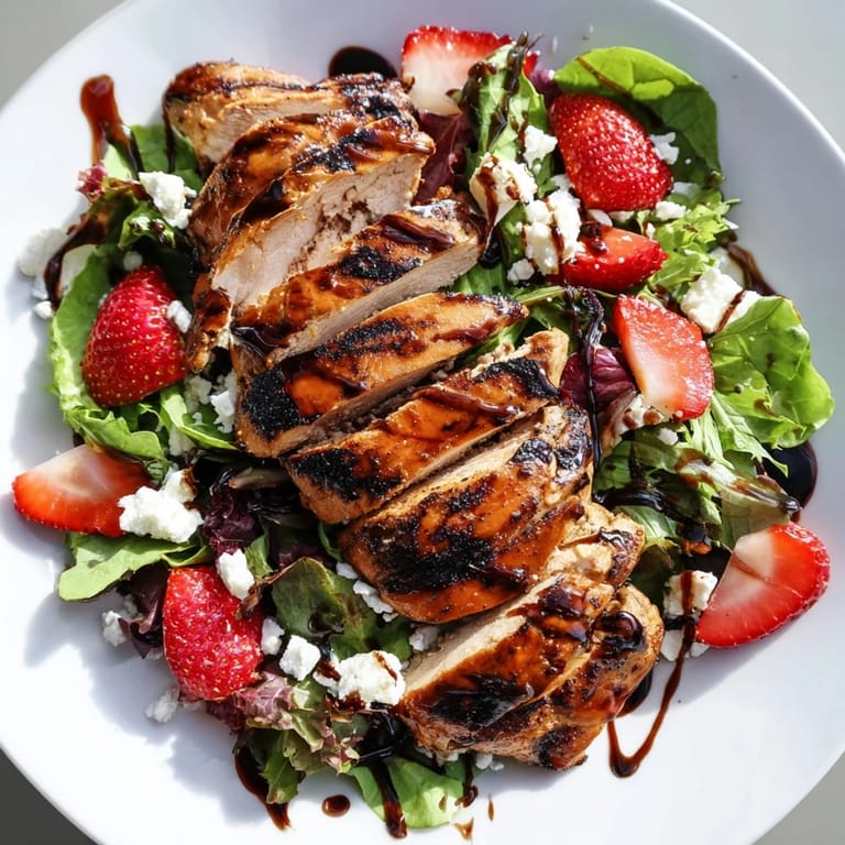 Close-up of Honey Balsamic Chicken Salad with glistening grilled chicken, red onion, strawberries, and a honey balsamic glaze.