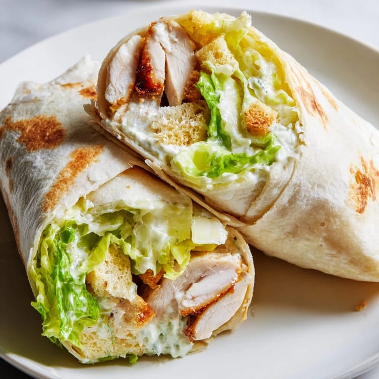 Hearty Caesar Chicken Salad Wrap served on a white plate, with a side of salad greens and lemon wedges.