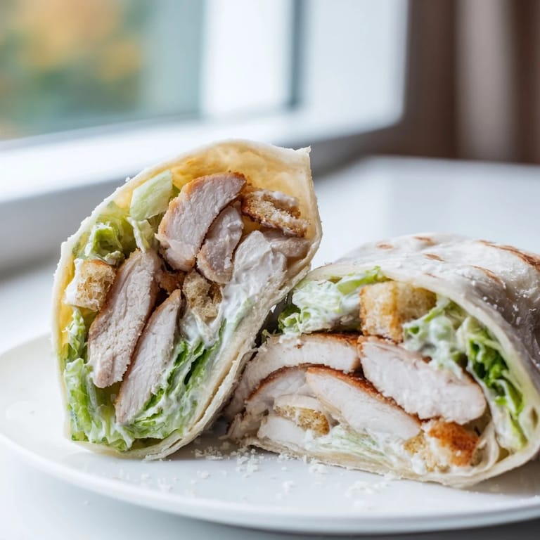 A freshly made Caesar Chicken Salad Wrap, cut in half to show layers of crisp romaine and parmesan.  