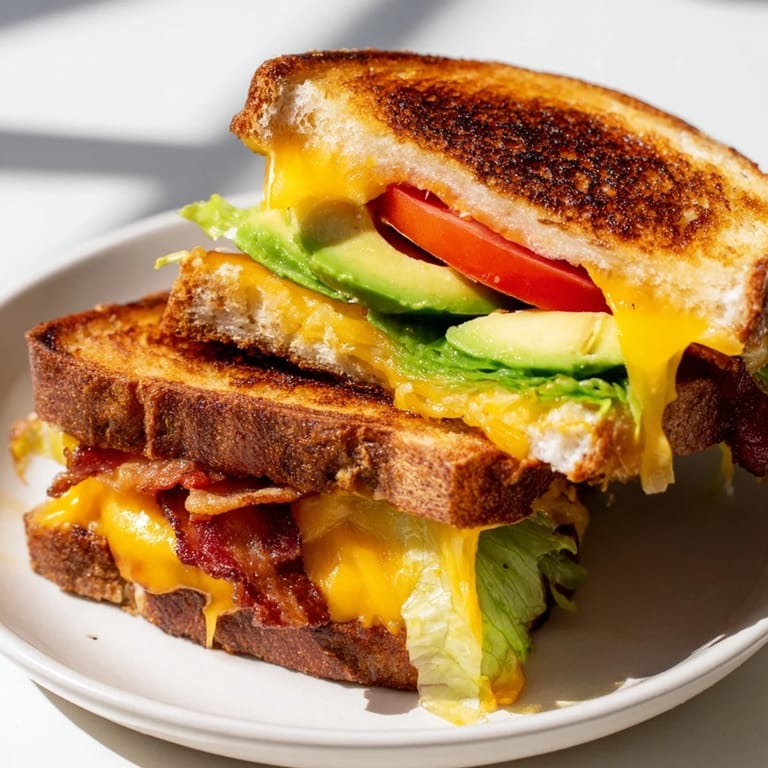 Crispy bacon, fresh garden tomato, and smooth avocado join melted cheese between toasted sourdough in this hearty Avocado BLT Grilled Cheese, served warm with a side of chips.