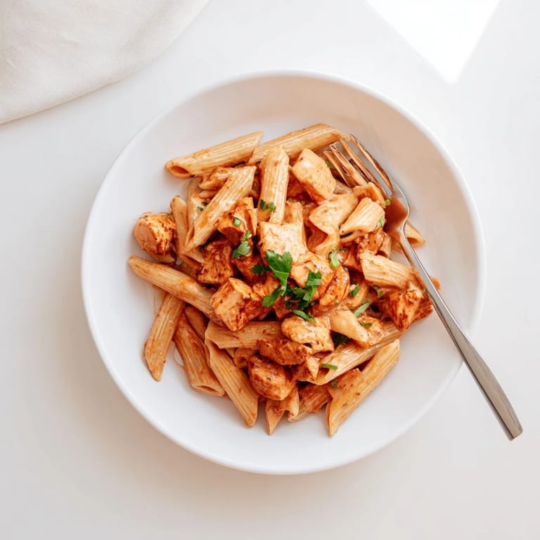 Golden charred Chicken Tikka Pasta pieces tossed with al dente penne in a rich, spiced tomato and cream sauce.