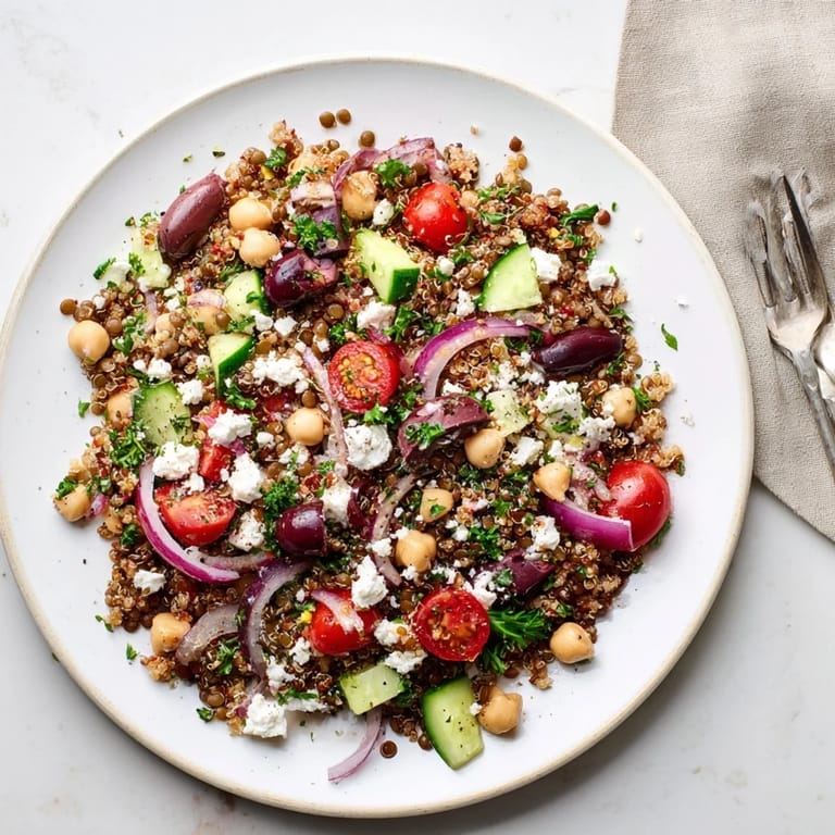 Freshly tossed Greek Power Salad in a ceramic bowl, showcasing cucumber, red bell pepper, and parsley, ready to serve immediately.