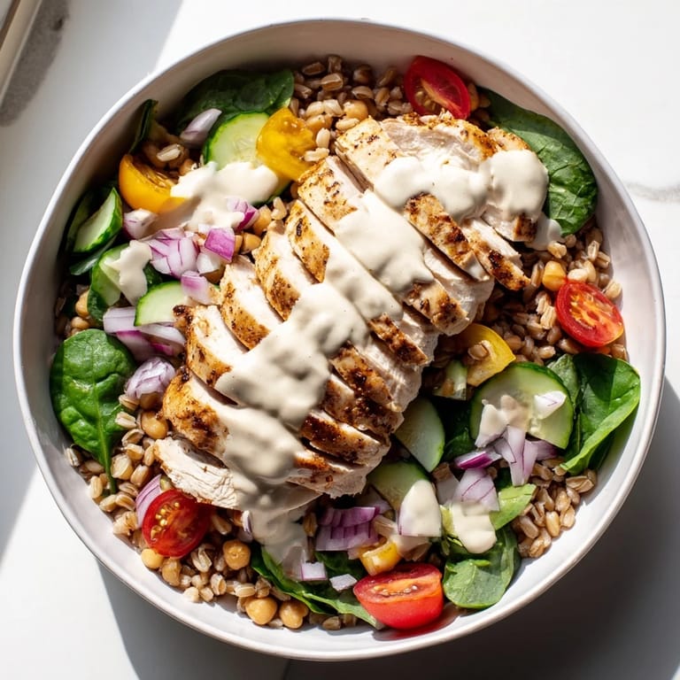 A vibrant Lemon Tahini Chicken Power Bowl features roasted chickpeas, juicy chicken, and diced veggies on a bed of hearty farro.