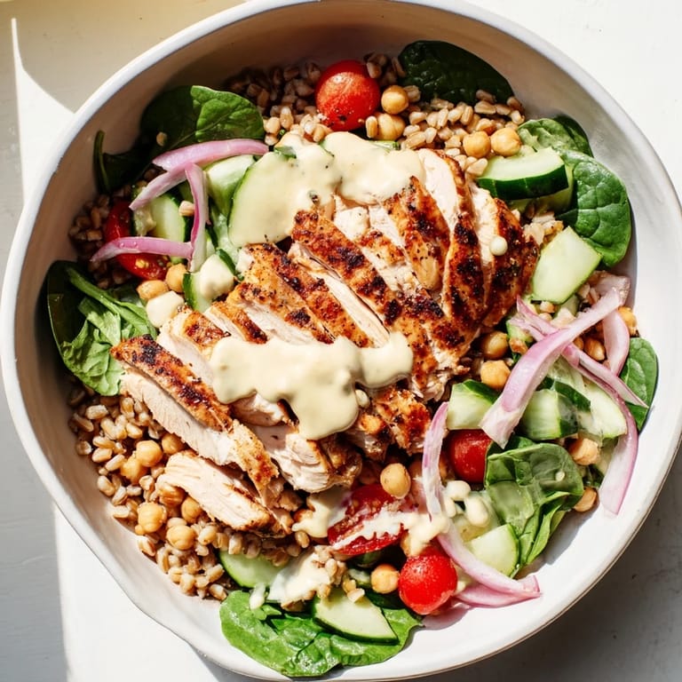 Spoonful of zesty lemon-tahini dressing over a nourishing Mediterranean bowl with chicken, greens, and cherry tomatoes ready to be enjoyed.