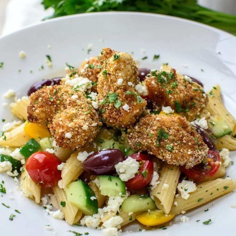 Crispy Chicken Greek Pasta features golden-brown breaded chicken pieces tossed with al dente penne and a colorful Greek salad medley.