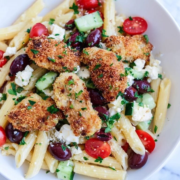 A close-up of Crispy Chicken Greek Pasta shows juicy chicken, fresh cucumbers, tomatoes, and crumbled feta on a bed of pasta.