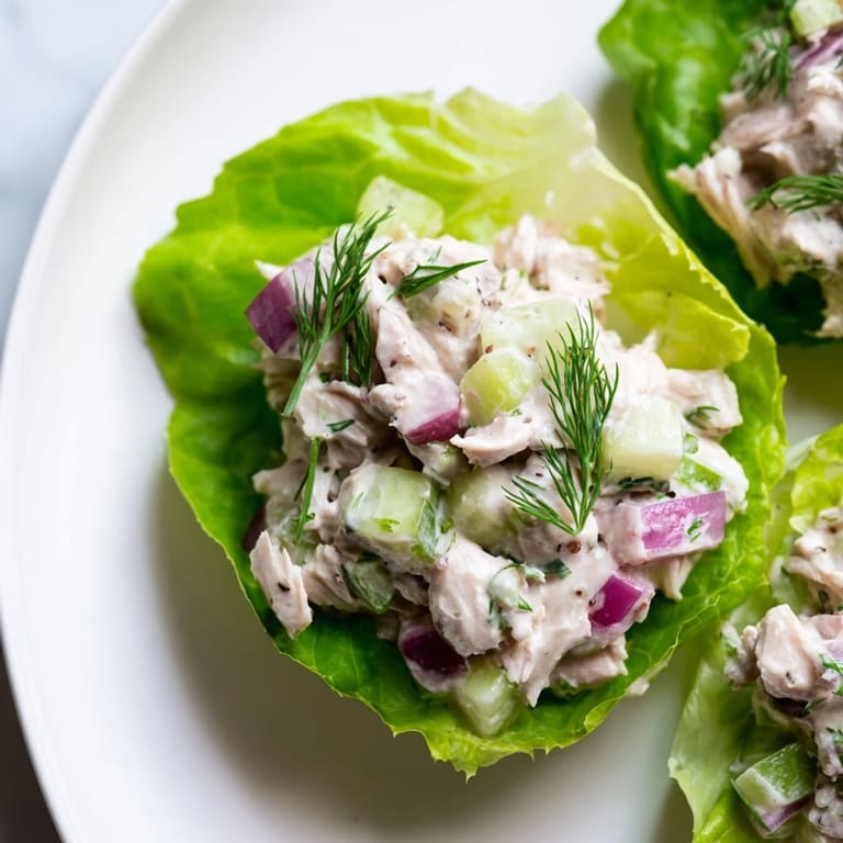 Homemade dill pickle chicken salad spilling from a fresh lettuce cup, perfect for a light low-carb lunch.