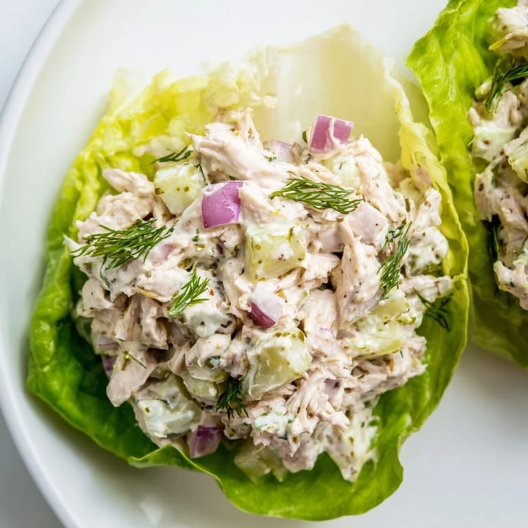 Refreshing dill pickle chicken salad lettuce cups ready to serve, showing creamy texture and crunchy vegetables.  