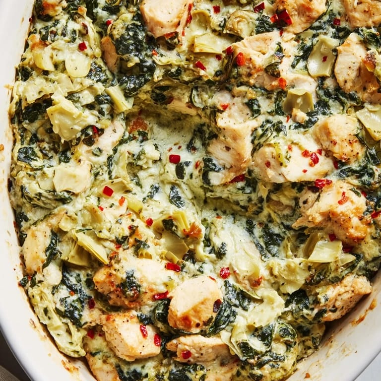 Easy weeknight Spinach & Artichoke Chicken Bake with Greek yogurt, fresh spinach, and artichokes, golden from the oven.
