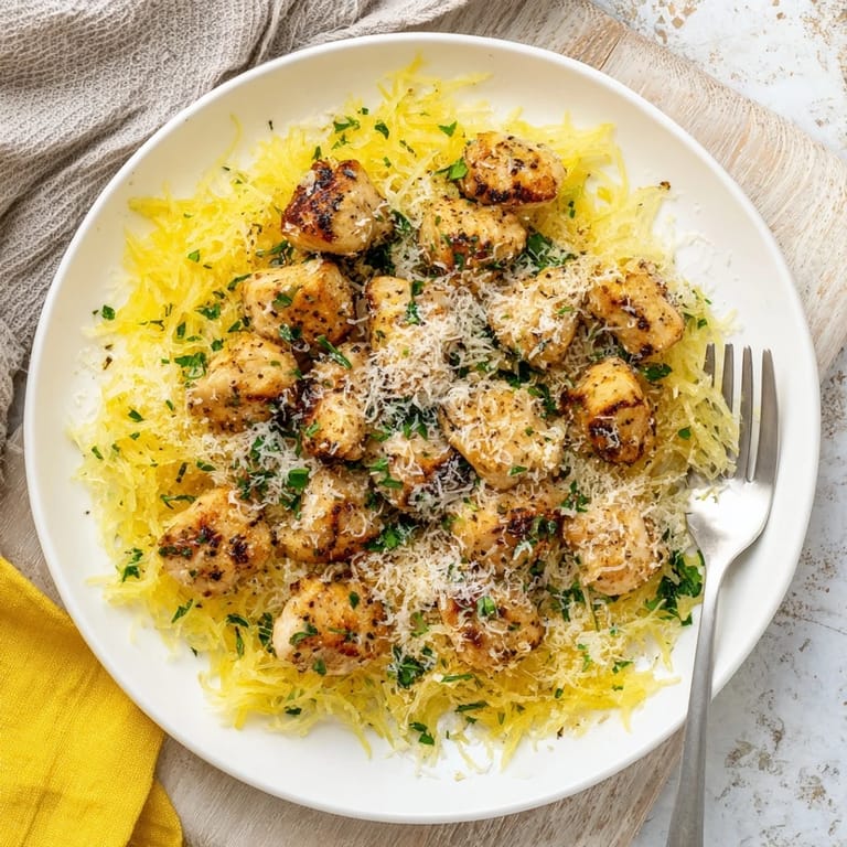 Hearty gluten-free meal features juicy lemon garlic chicken served over warm, roasted spaghetti squash noodles.