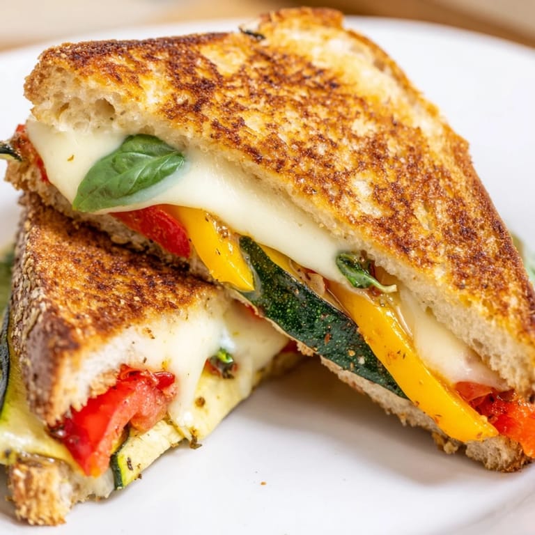 Hot Roasted Veggie Caprese Grilled Cheese, sliced to show roasted vegetables and melted cheese inside.