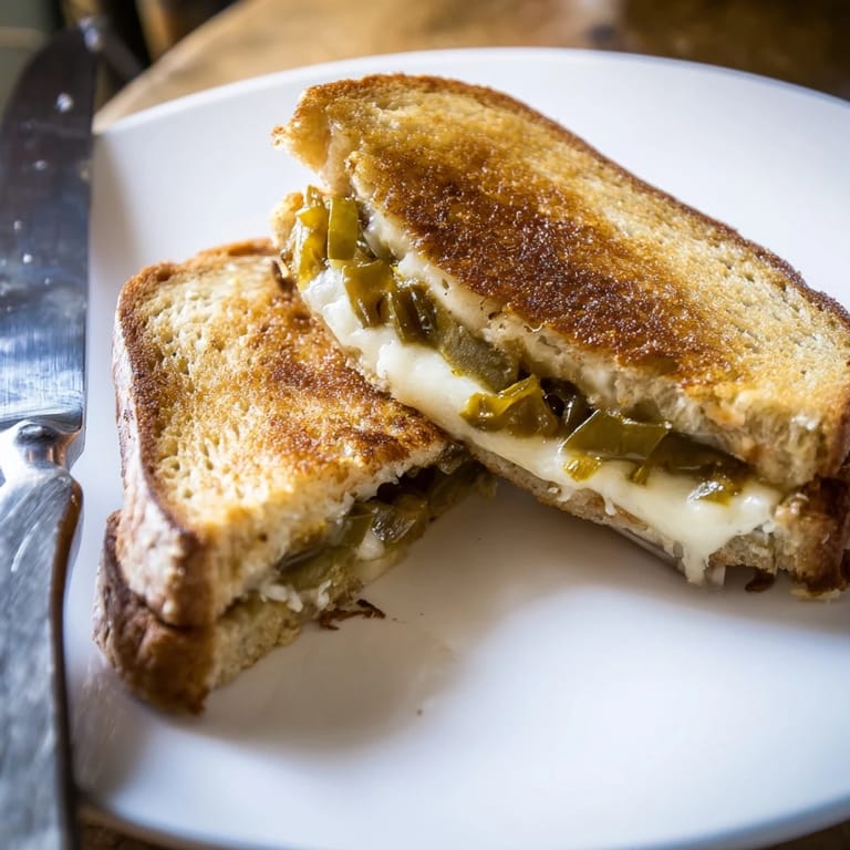 The crispy crust of a Jalapeño Pepper Jack Grilled Cheese reveals gooey pepper jack cheese and tangy jalapeños inside.