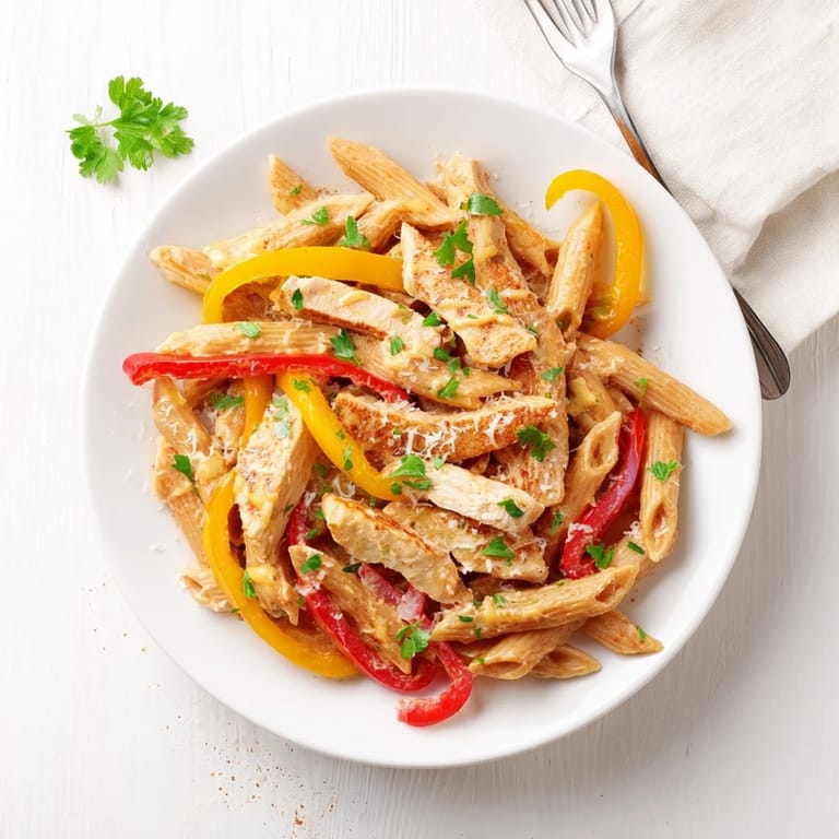 In this image, al dente penne and golden chicken strips are tossed in a creamy Cajun sauce.
