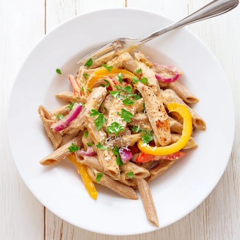 A steaming plate of Creamy Cajun Chicken Pasta Lite garnished with fresh parsley and a lemon wedge.