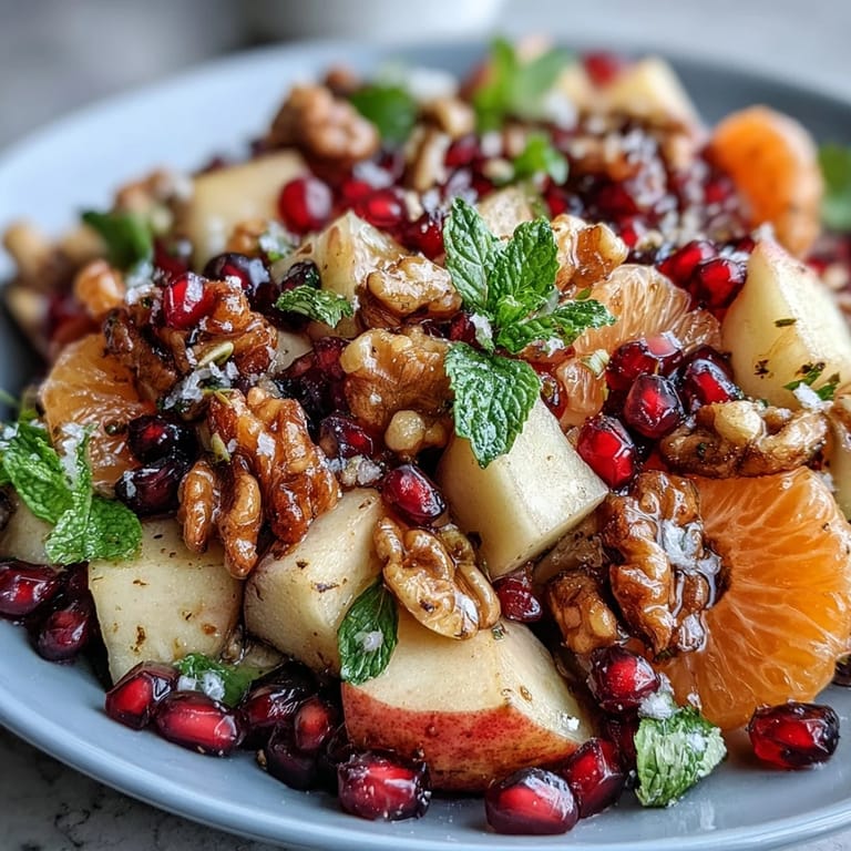 In a white bowl, Pomegranate and Walnut Salad glistens with orange segments, crisp apple, and mint garnish.