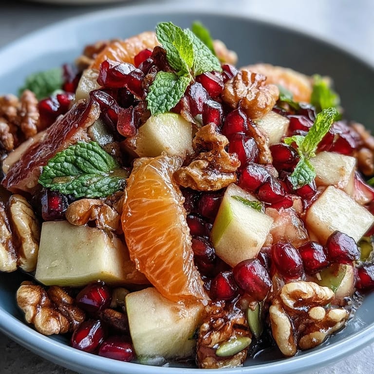 Overhead view of Pomegranate and Walnut Salad with pumpkin seeds, sunflower seeds, and a light honey-lemon dressing.