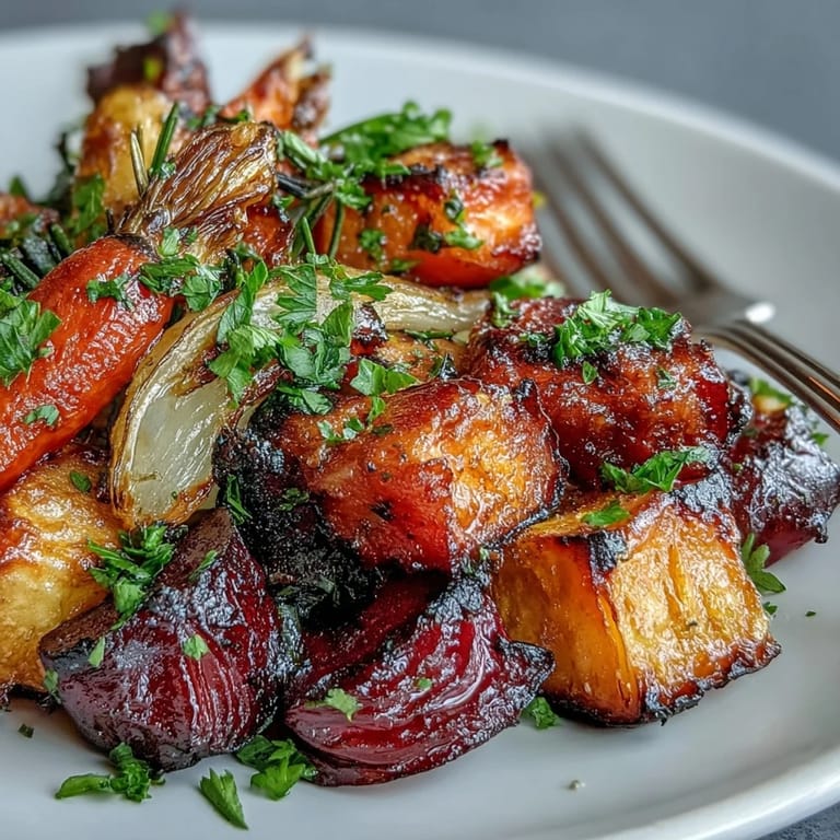 This roasted root vegetable medley, featuring golden carrots and sweet potatoes, is served warm from the oven on a rustic platter.  