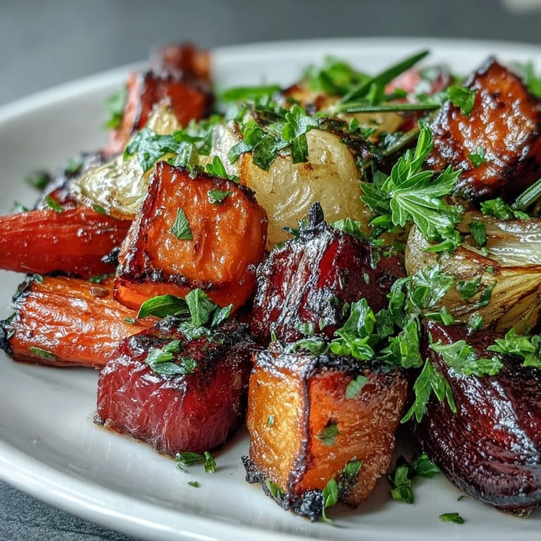 Vibrant roasted root vegetable medley with beets, turnips, and fresh thyme, ready to be served as a hearty vegetarian side dish.