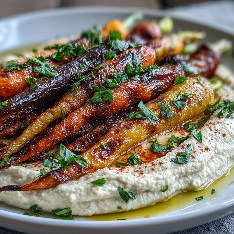 A close-up of seasoned rainbow carrots beside a smooth hummus dip, garnished with parsley and paprika for a Mediterranean snack.  